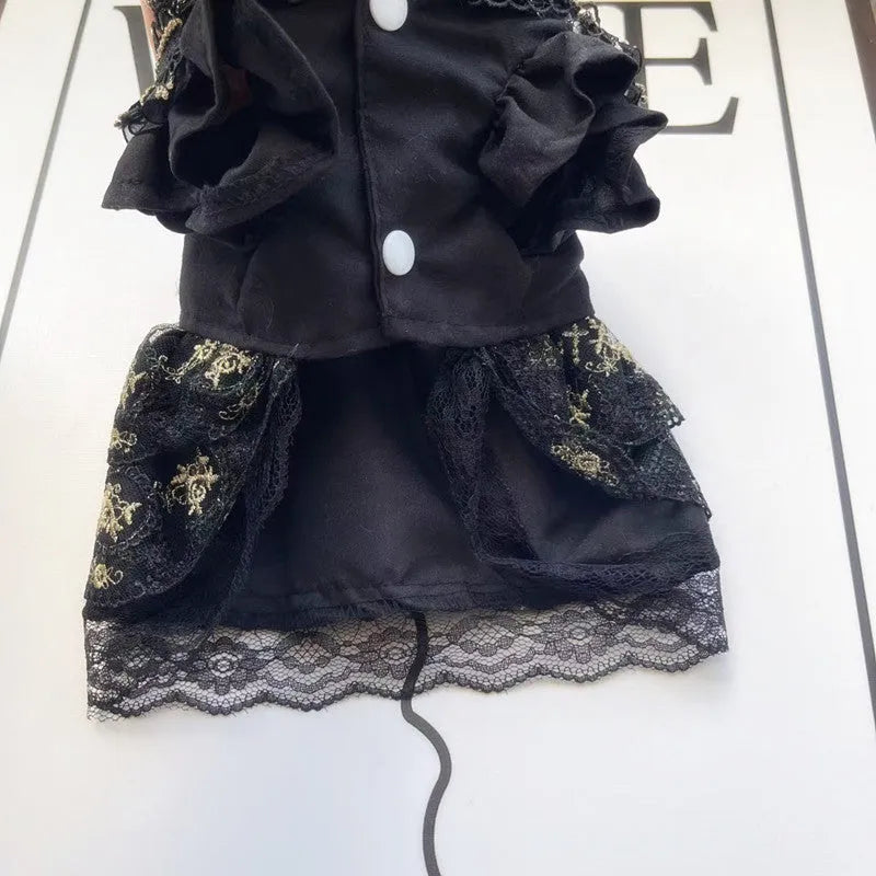Golden gothic princess-style skirt for a small dog or cat on a mannequin.