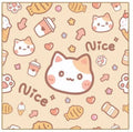 Square nylon cosmetic bag with cartoon cat print in blue puppy pattern showing zippered closure