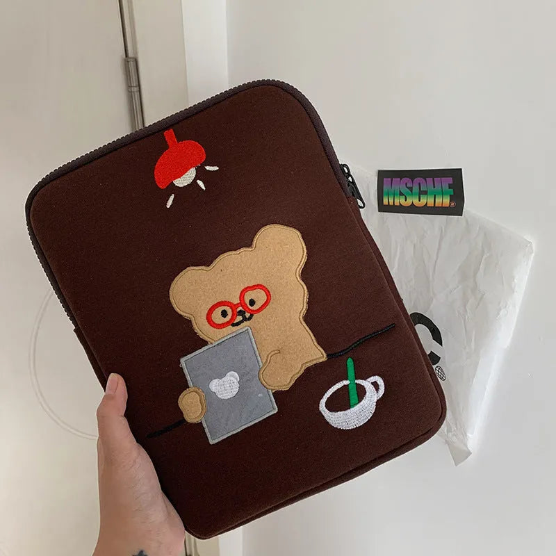 Coffee colour cotton laptop bag liner with bear design, zipper closure, available in 11 13 15 inch sizes