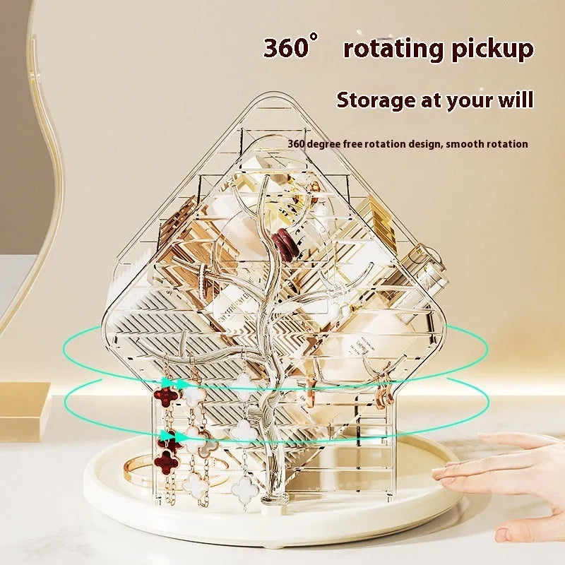 Clear and amber gold rotating plastic cosmetics storage box organiser with 360-degree spin base.