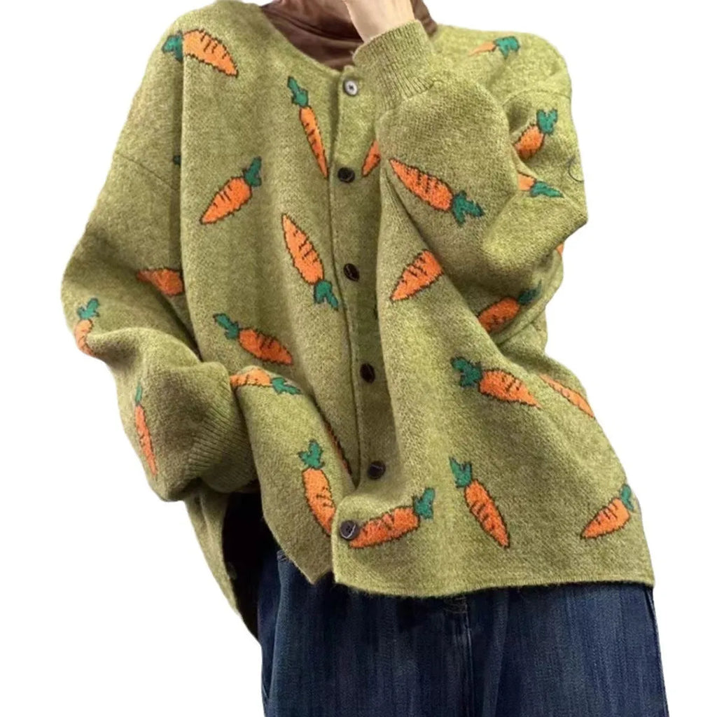 Mori artistic printing round neck loose cardigan sweater in pictured colour