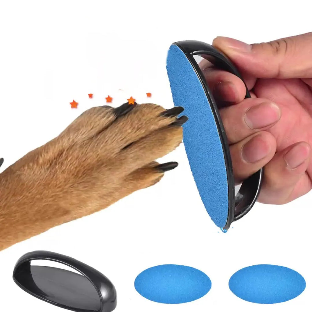 Dog nail scratch board with ergonomic handle and round grinding surface in multiple colour options