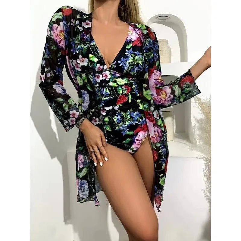 Women's floral pattern bikini three-piece swimsuit set in a choice of seven colours.