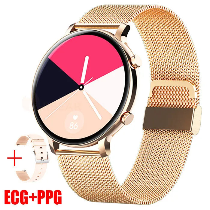 Bluetooth smartwatch with stainless steel strap showing call screen and health stats