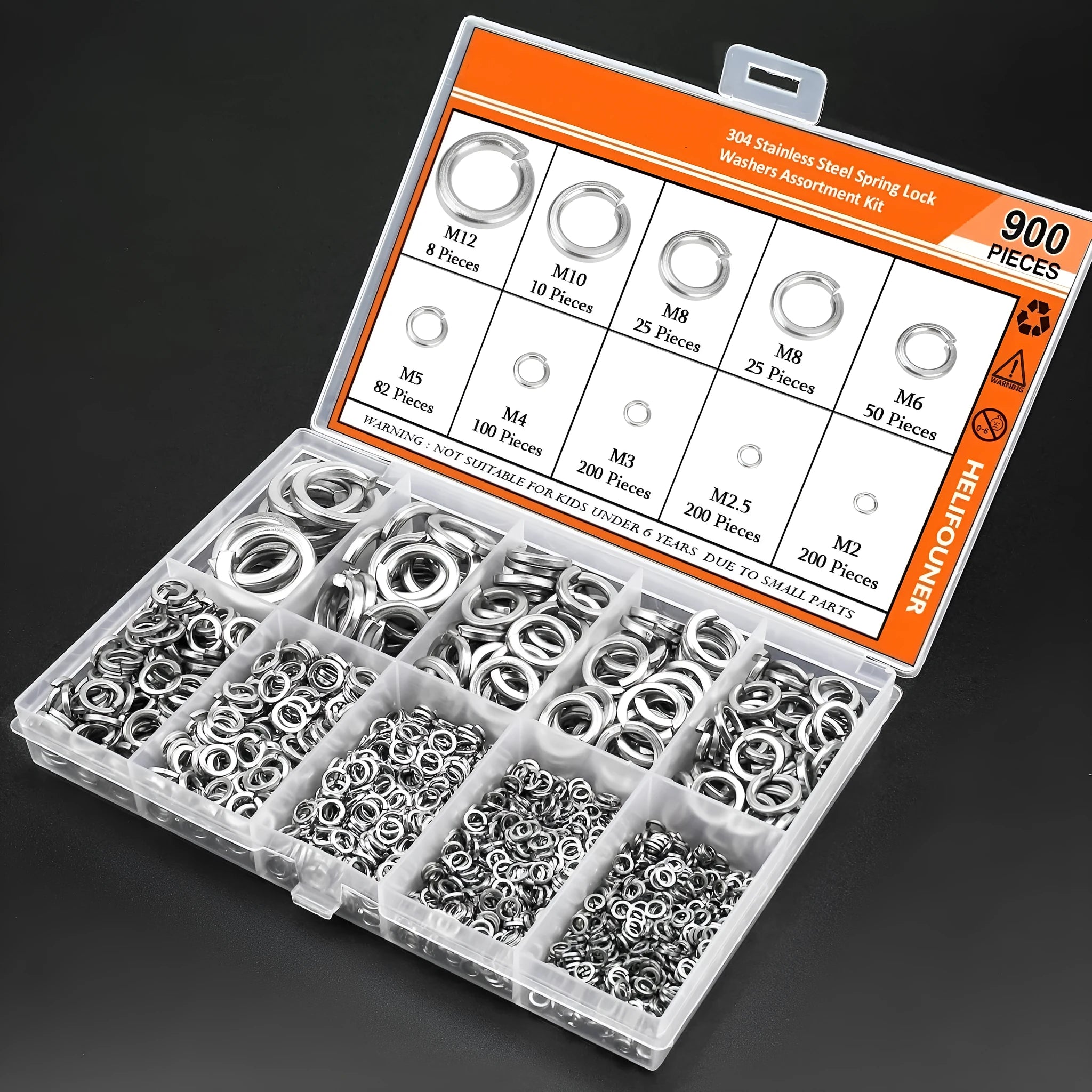 304 stainless steel spring lock washer combination box set with 900 pieces in various sizes