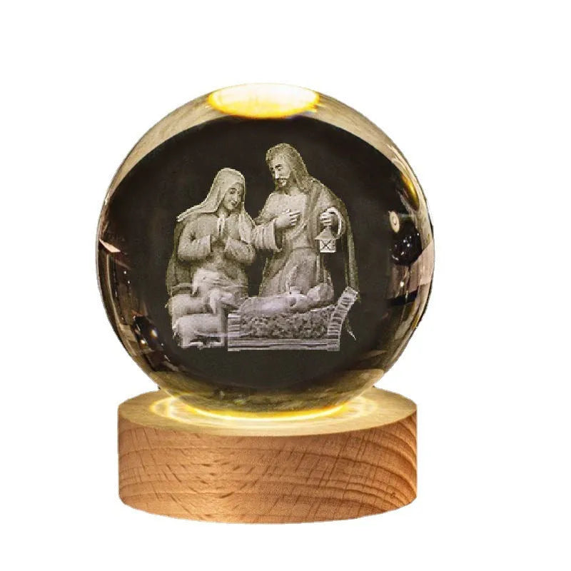 White crystal ball decorative lamp with solid wood base and religious purity symbols