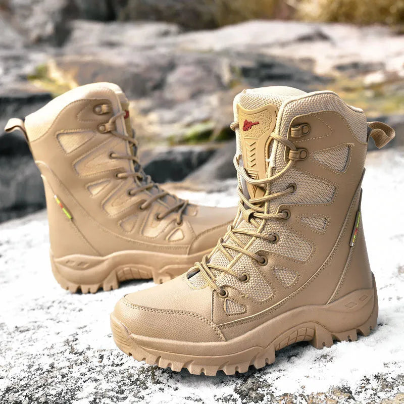 Genuine cowhide leather hi-top hiking shoes in beige colour for outdoor climbing and running activities