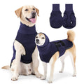 Army green dog anxiety jacket on a medium-sized dog, showing snug fit and vest design.