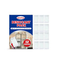 Pack of 12 white calcium chloride desiccant units for household moisture and odour control.
