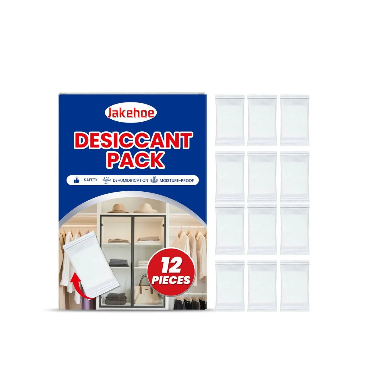 Pack of 12 white calcium chloride desiccant units for household moisture and odour control.