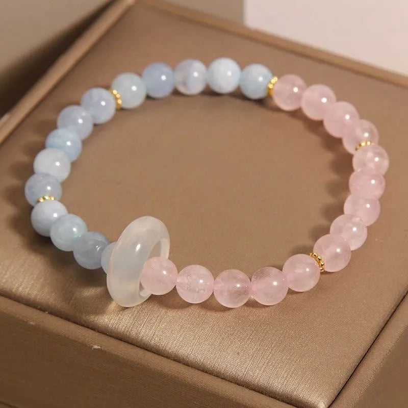 Women's light luxury handmade mixed material crystal bracelet with round beads in pink blue colour