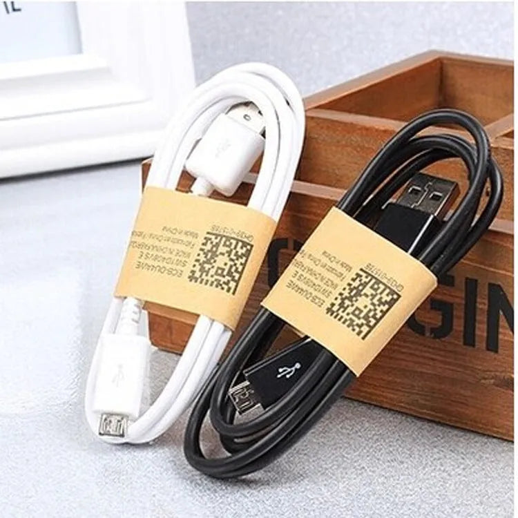 Black and white Android micro USB data cables with 1 metre length for smartphone charging and data transfer