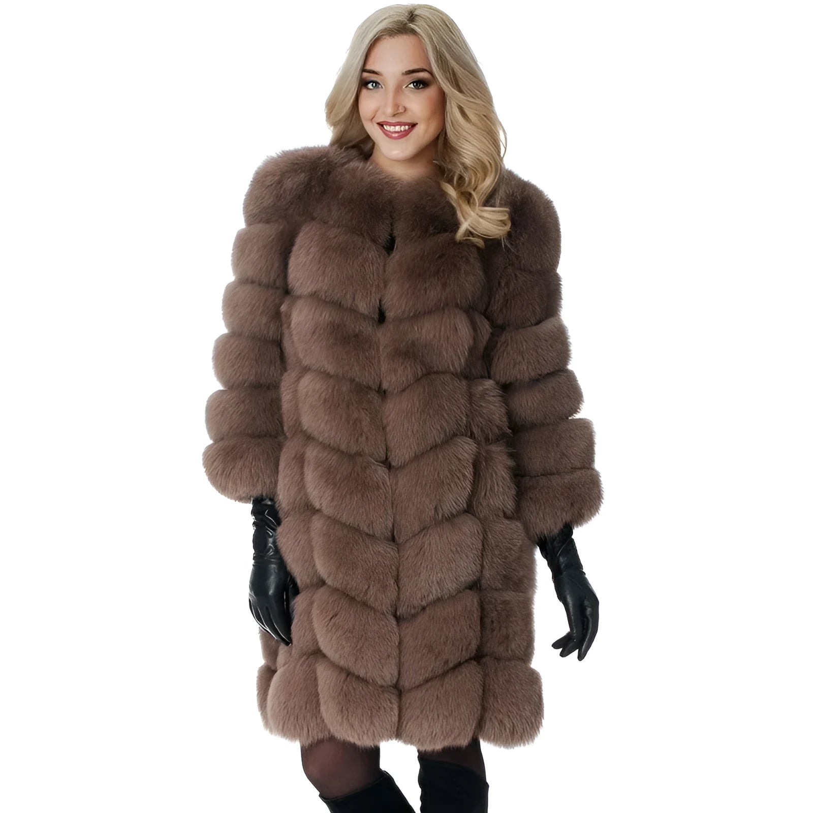 Women's long artificial fur coat in wine red colour showing full-length design and regular sleeves.