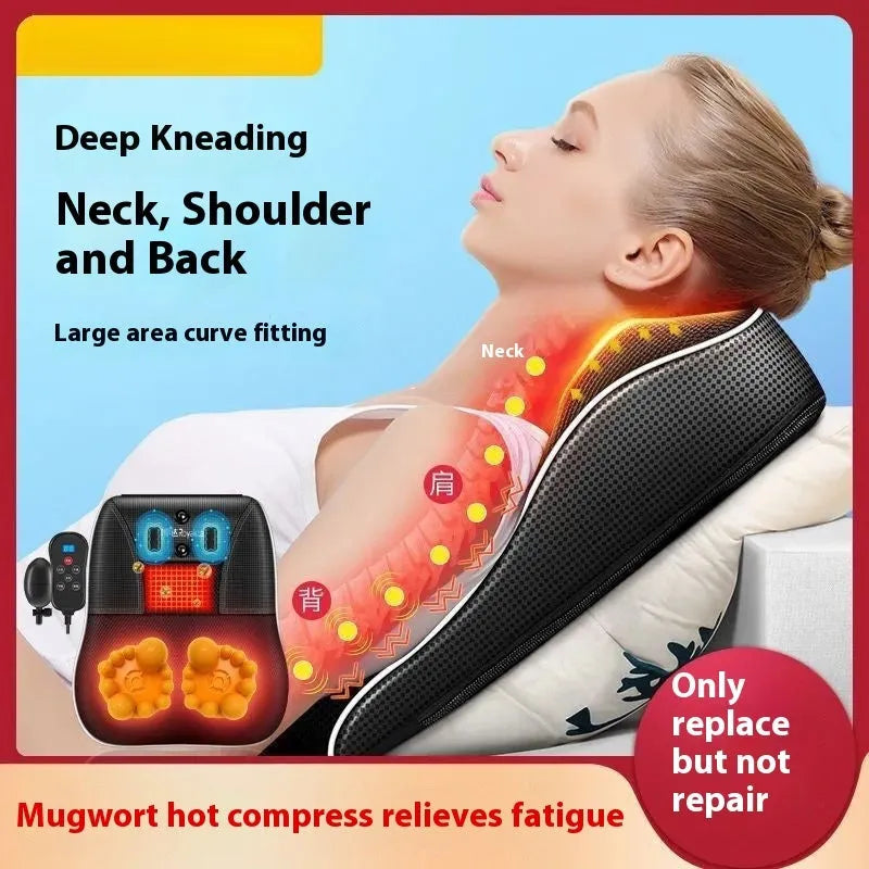 Intelligent multifunctional massage pillow with remote control, hot compress, and argy wormwood in luxury configuration on a sofa