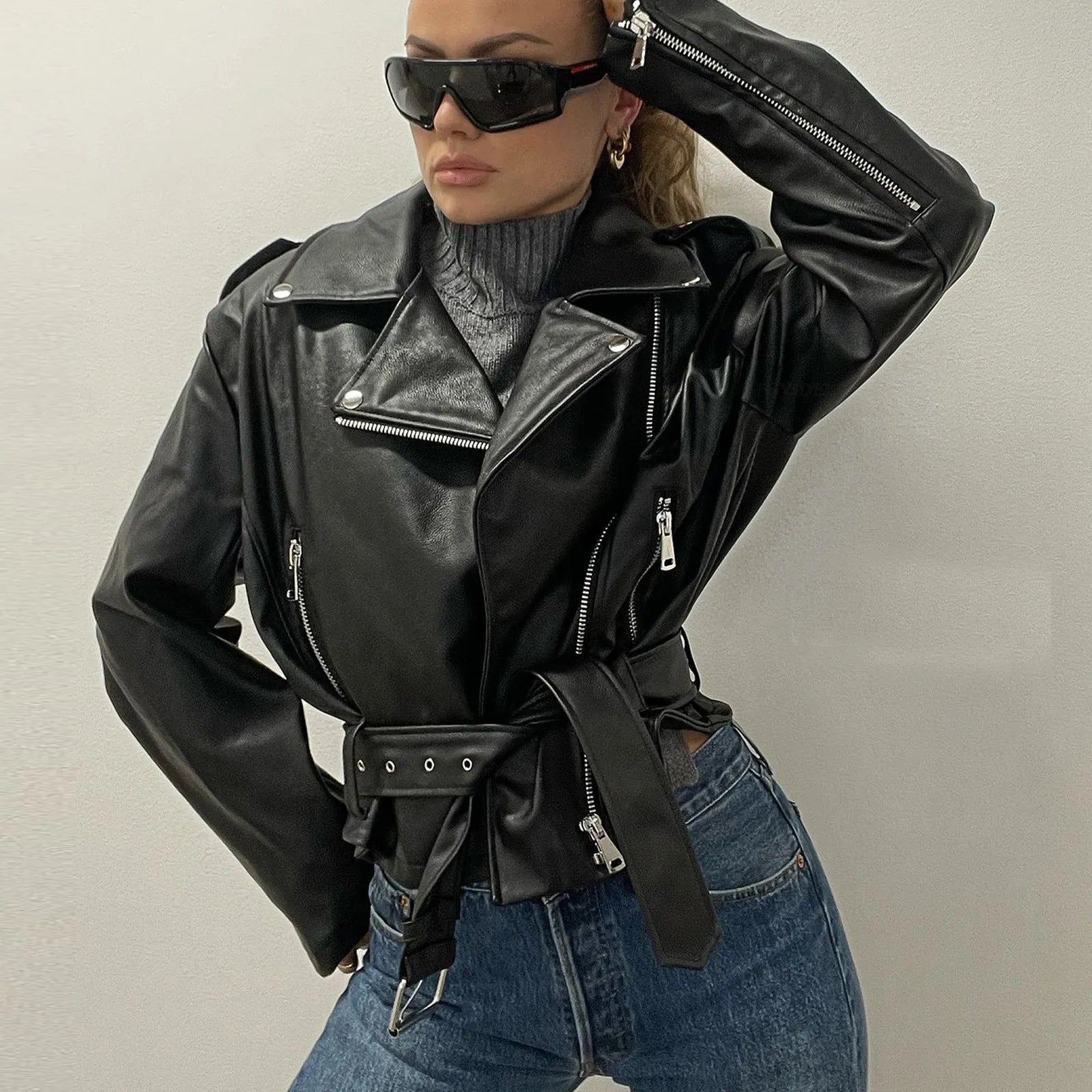 Punk short belt lapel locomotive style jacket in polyester fibre with Peter Pan collar