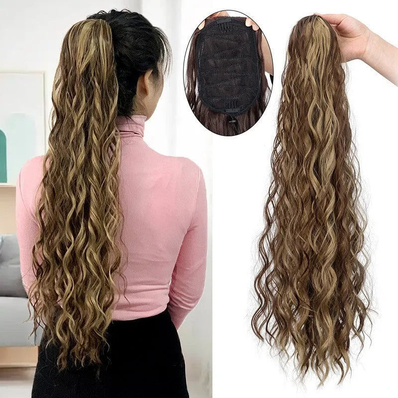 Water ripple long curly hair extension in drawstring ponytail style, fluffy corkscrew curls, available in colour 4H27