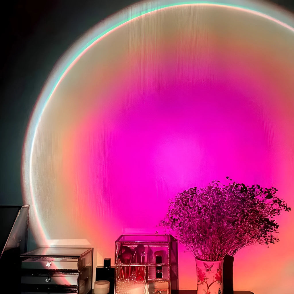 Rechargeable sunset red projection lamp casting rainbow light with push-button switch and USB cable