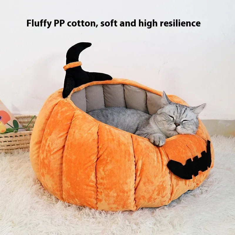 Winter warm pet Halloween nest cat bed in orange pumpkin design, cloth material