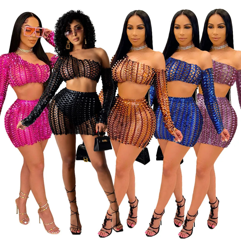 Women's hollow-out net two-piece dress set with sleeveless top and short skirt
