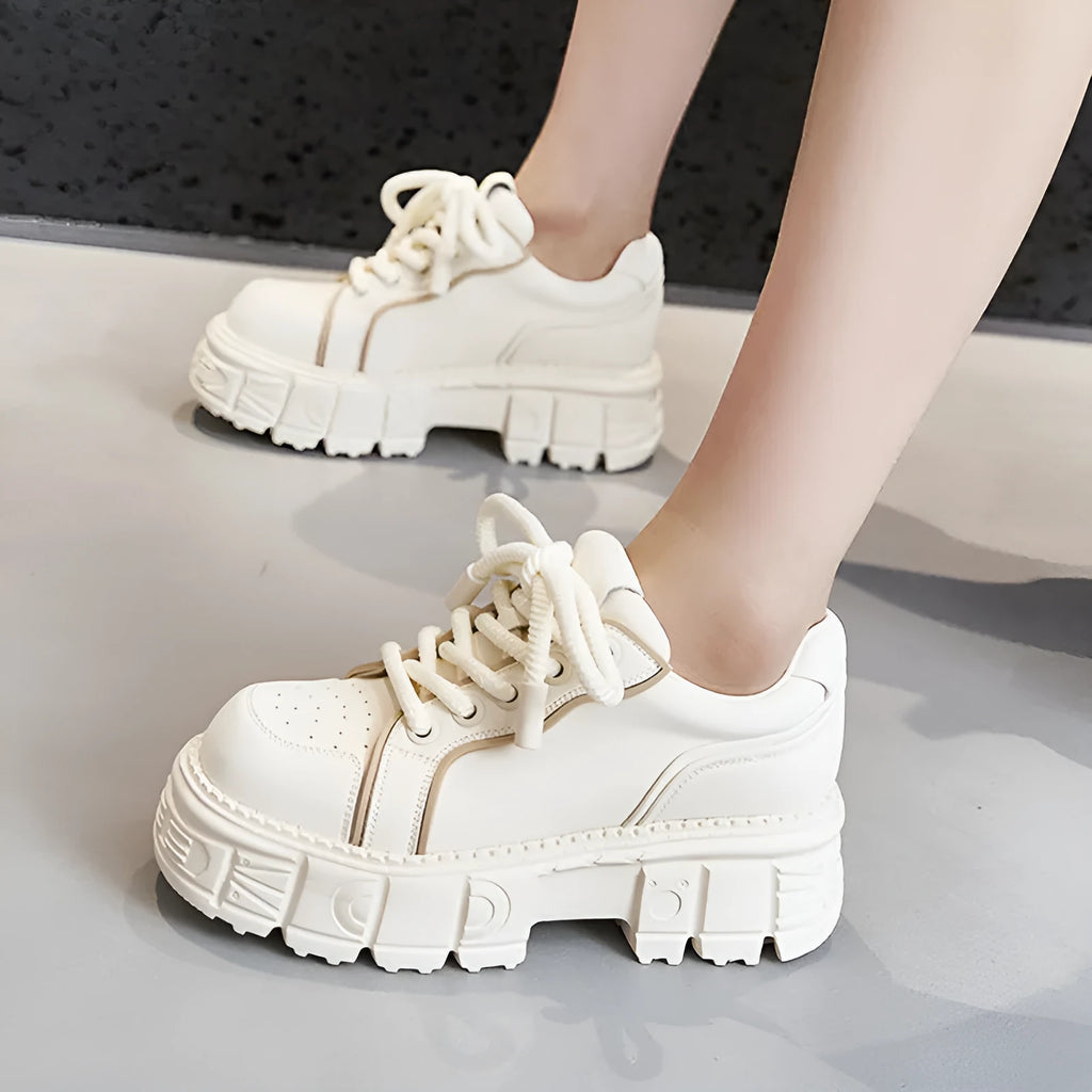 Beige and pink leather casual shoes with solid-colour design and height-increasing construction