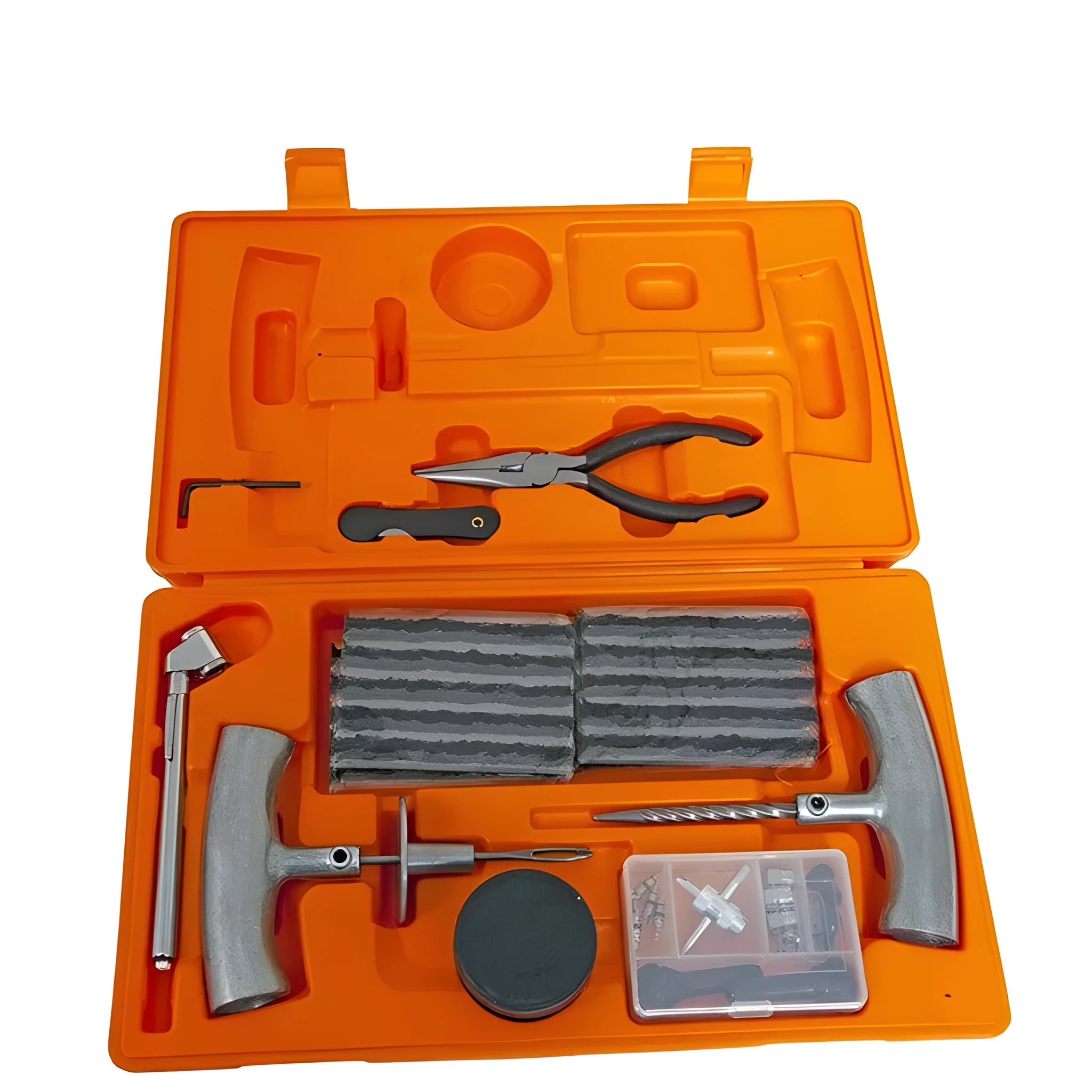 Speedy Seal emergency car tyre repair tool kit open in its high-visibility case, showing pressure gauge, reamer, and insertion tools.