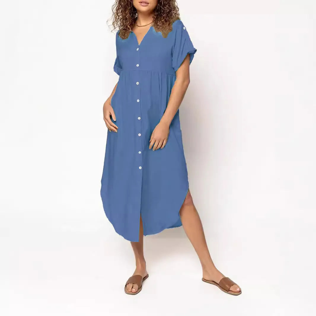 Women's loose fit mid-length casual dress with button front closure in solid colour