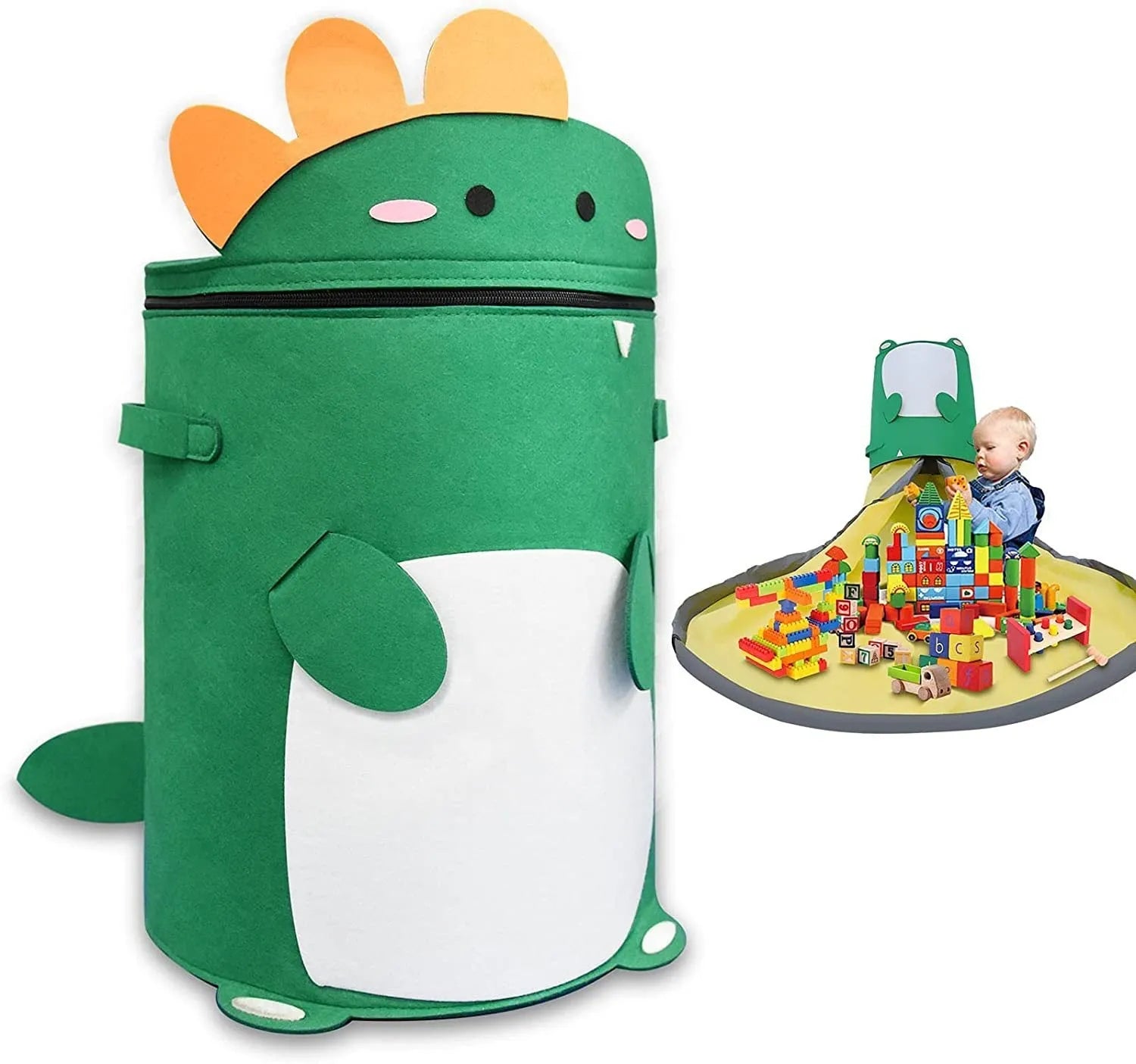 Green felt cube storage bag with pull rope shown as toy organiser and unfolded play mat