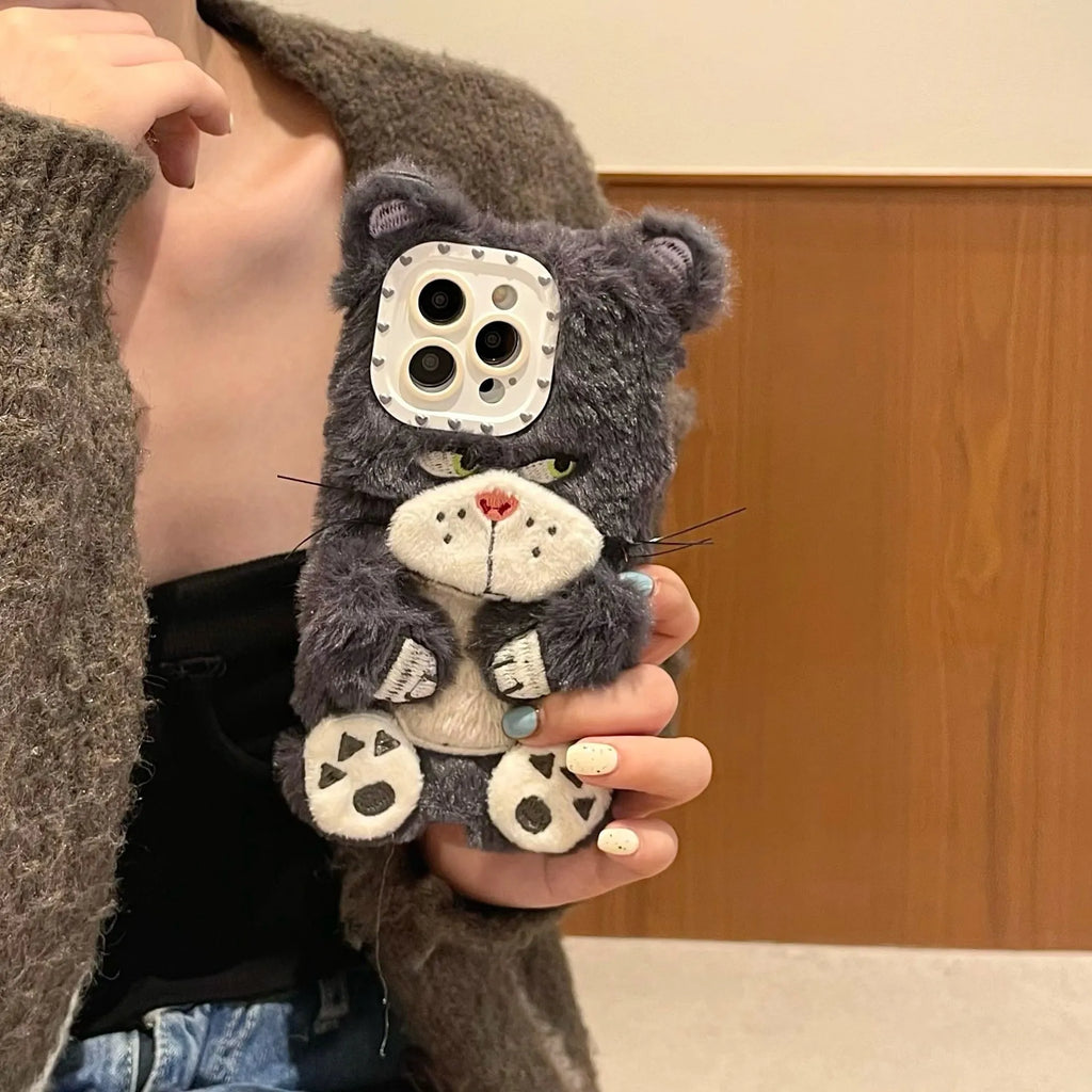Plush staring cat phone case for iPhone with soft furry texture and love lens design