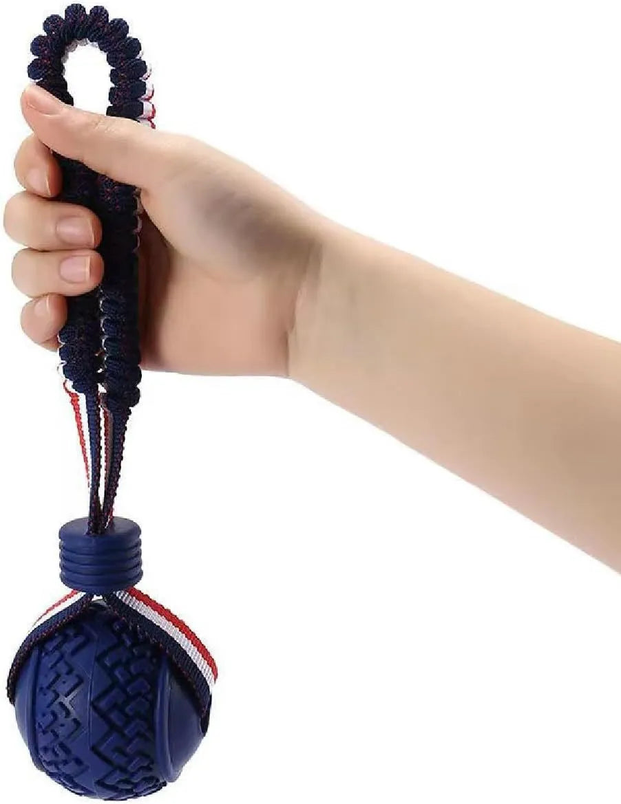Blue and red durable rubber dog ball attached to a rope for tug-of-war and dental care.