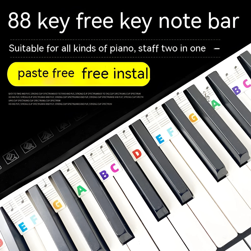 Piano keyboard stickers showing black music notes and colour note bars for 88-key instrument learning