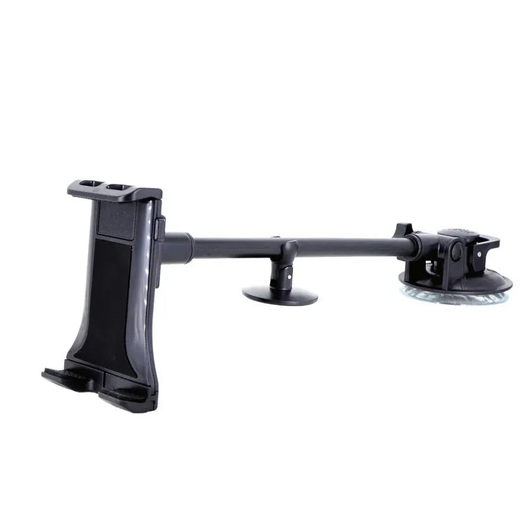 Black vehicle-mounted lifting bracket holding a tablet, showing long suction cup rod.