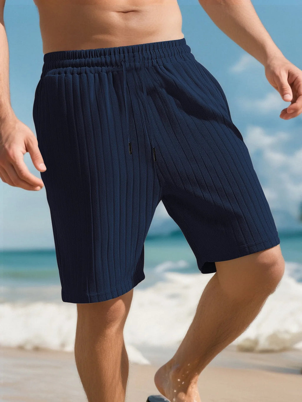 Men's striped beach pants with lace trim and multiple pockets in khaki