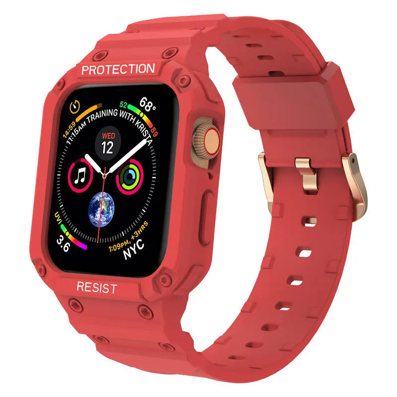 Apple Watch Series 8 protective case with integrated soft TPU sport strap in multiple colour options