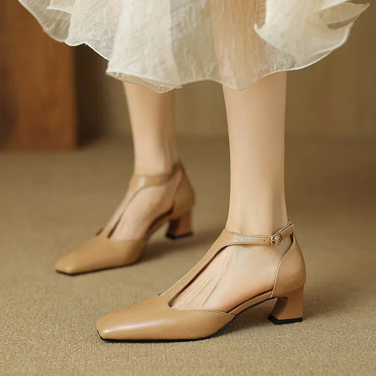 Women's wine red retro square toe chunky heel shoes made from sheepskin leather with a buckle