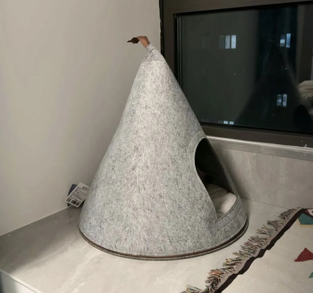 Christmas handmade felt tent style enclosed cat nest in grey, 50cm diameter, for cats under 12 pounds