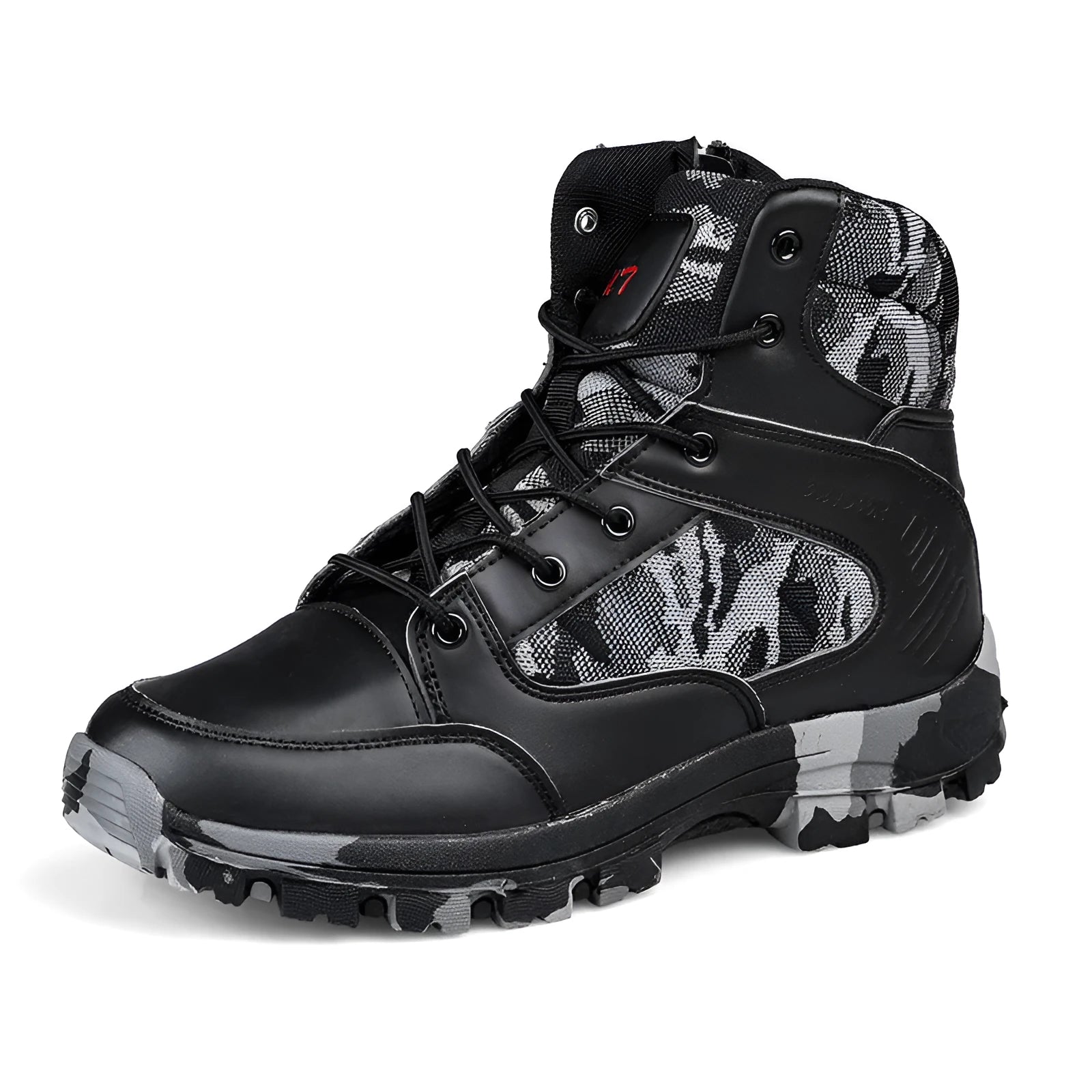 Men's high-top hiking shoes in black camouflage with artificial PU upper and metal element detail