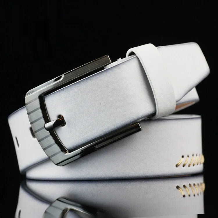 Men's retro style threading belt with alloy pin buckle in black, brown, or white, 110cm long.