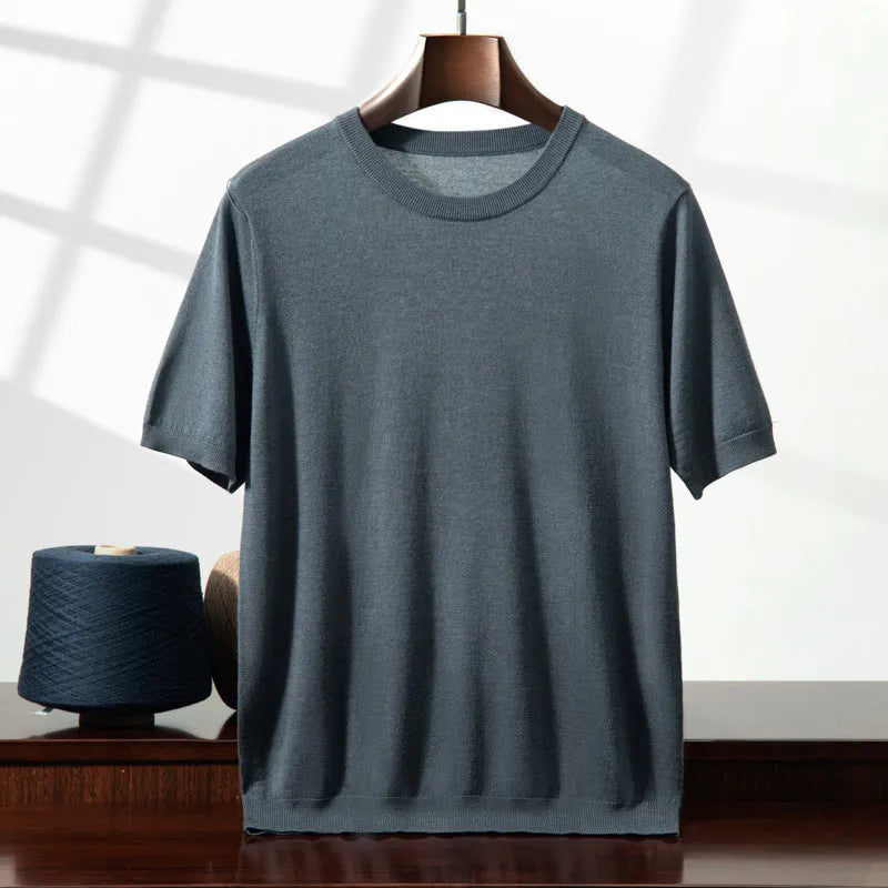 Men's knitted thin short sleeve round neck loose casual top in multiple colours: white, glacier blue, dark blue, black, cocoa brown, light gray, elegant beige, rock gray