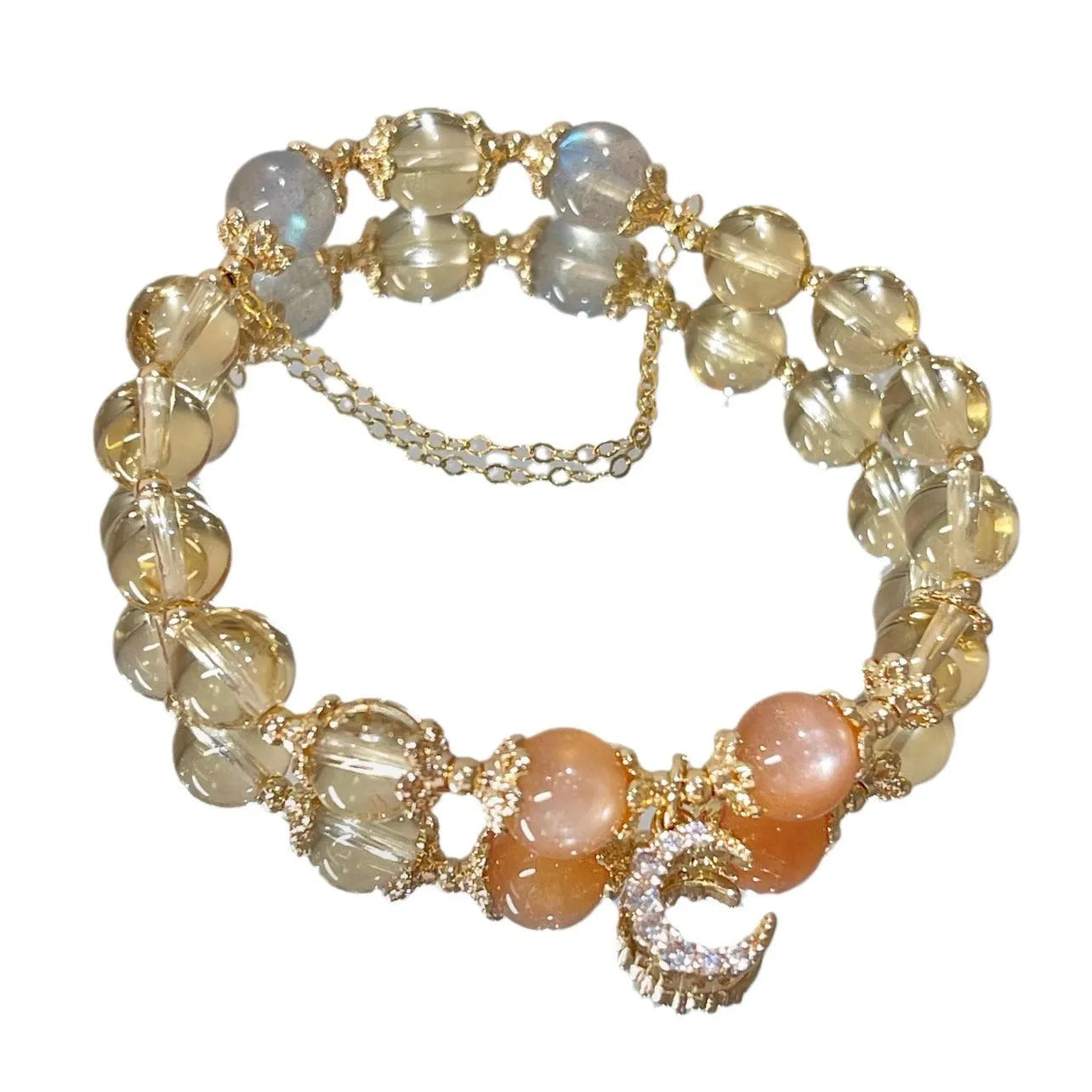 Chinese style crystal bracelet with 14K gold electroplating and citrine moonstone beads in diamond shapes