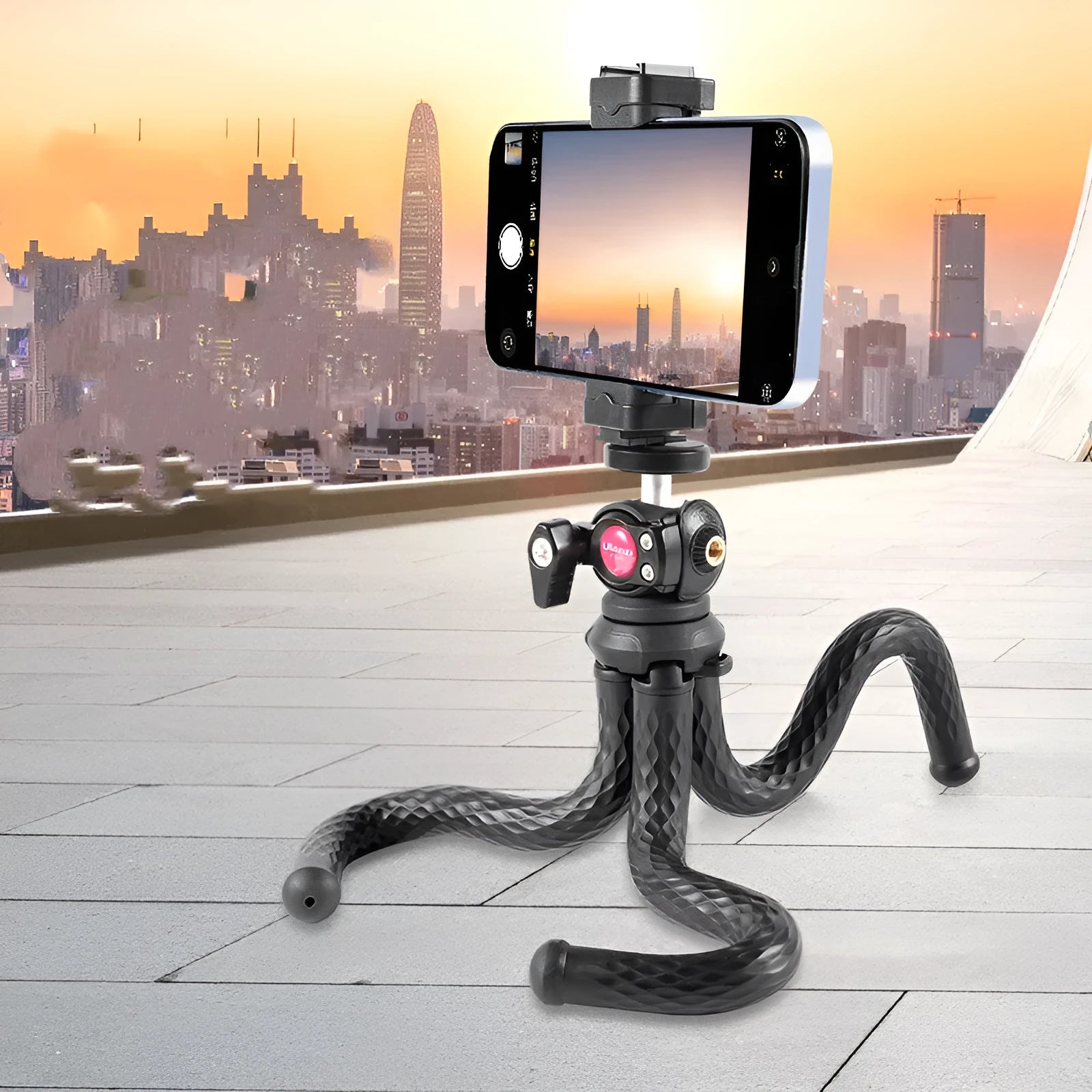Black octopus style mobile phone tripod set with clip extended to 360mm length