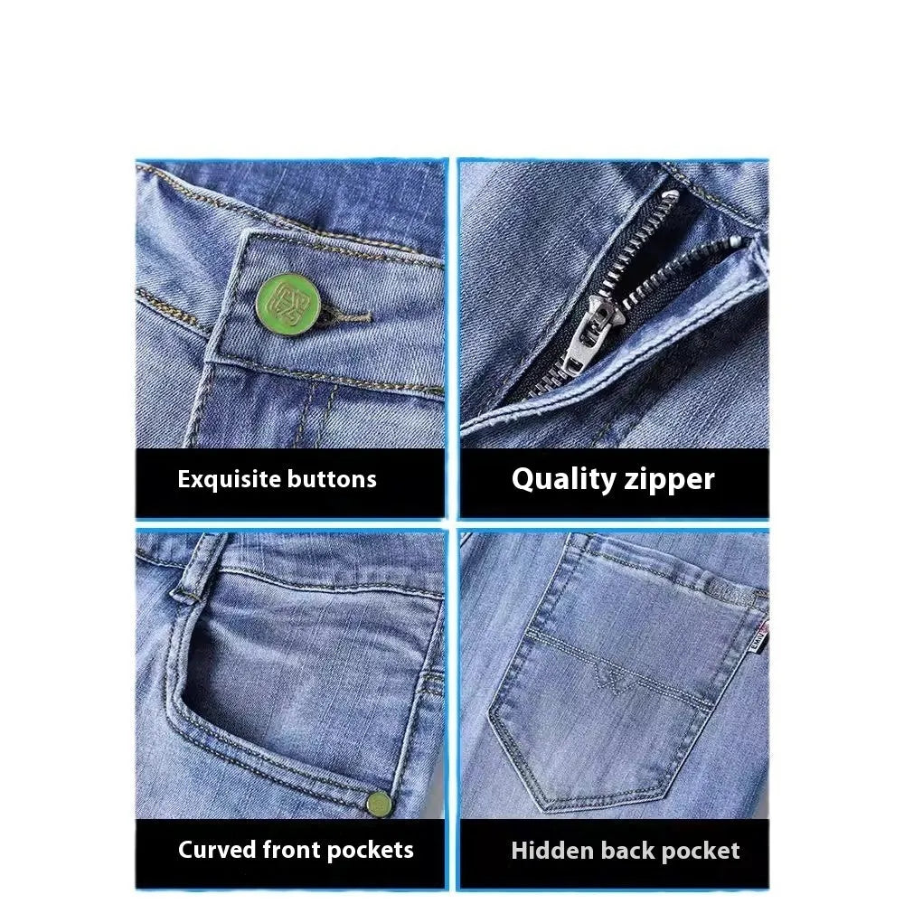 Thin stretch cotton denim tapered trousers in business casual style, available in four colours