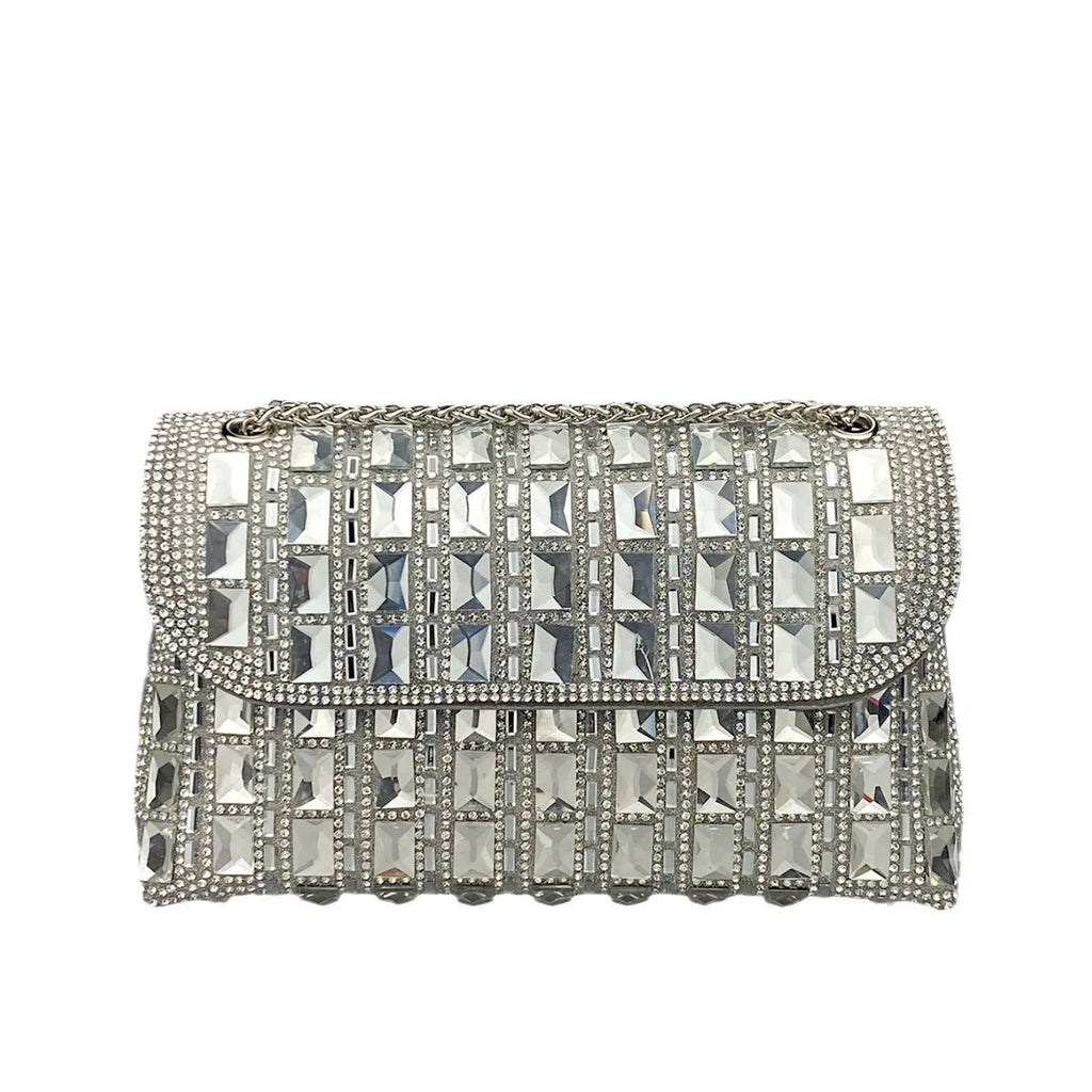 Shiny glass rhinestone diamond chain clutch handbag in horizontal square shape with chain strap, available in multiple colours