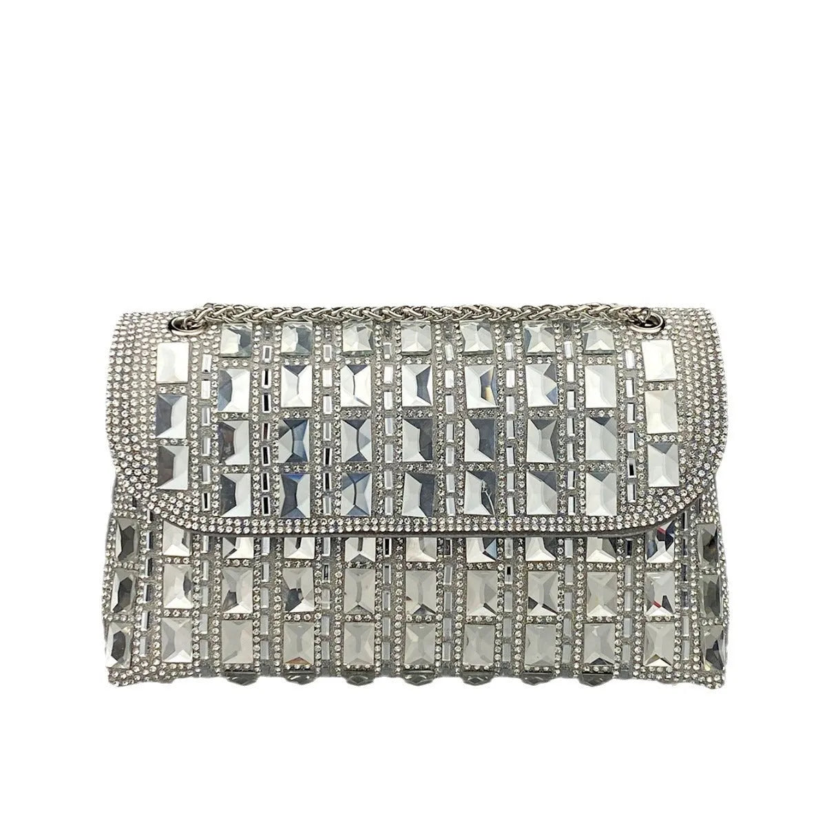 Shiny glass rhinestone diamond chain clutch handbag in horizontal square shape with chain strap, available in multiple colours