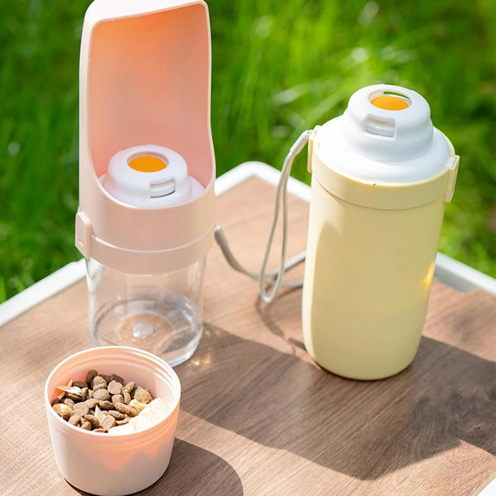 2 In 1 Travel Dog Water Bottle 690ml PP PET pet water dispenser feeder with lanyard for outdoor walks