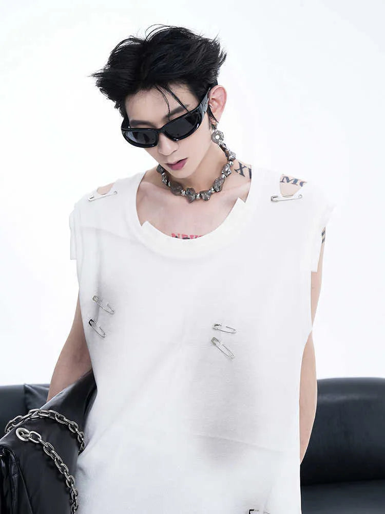 Black men's sleeveless vest with ripped irregular cut design and round neck collar.