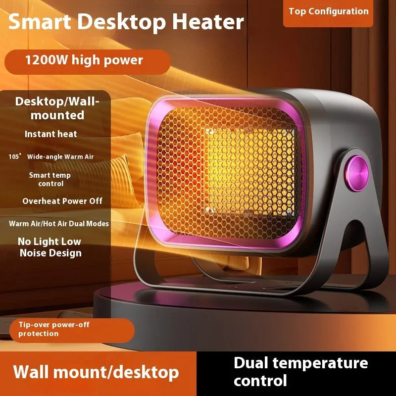 White desktop ceramic fan heater with rotatable base on a wooden table.