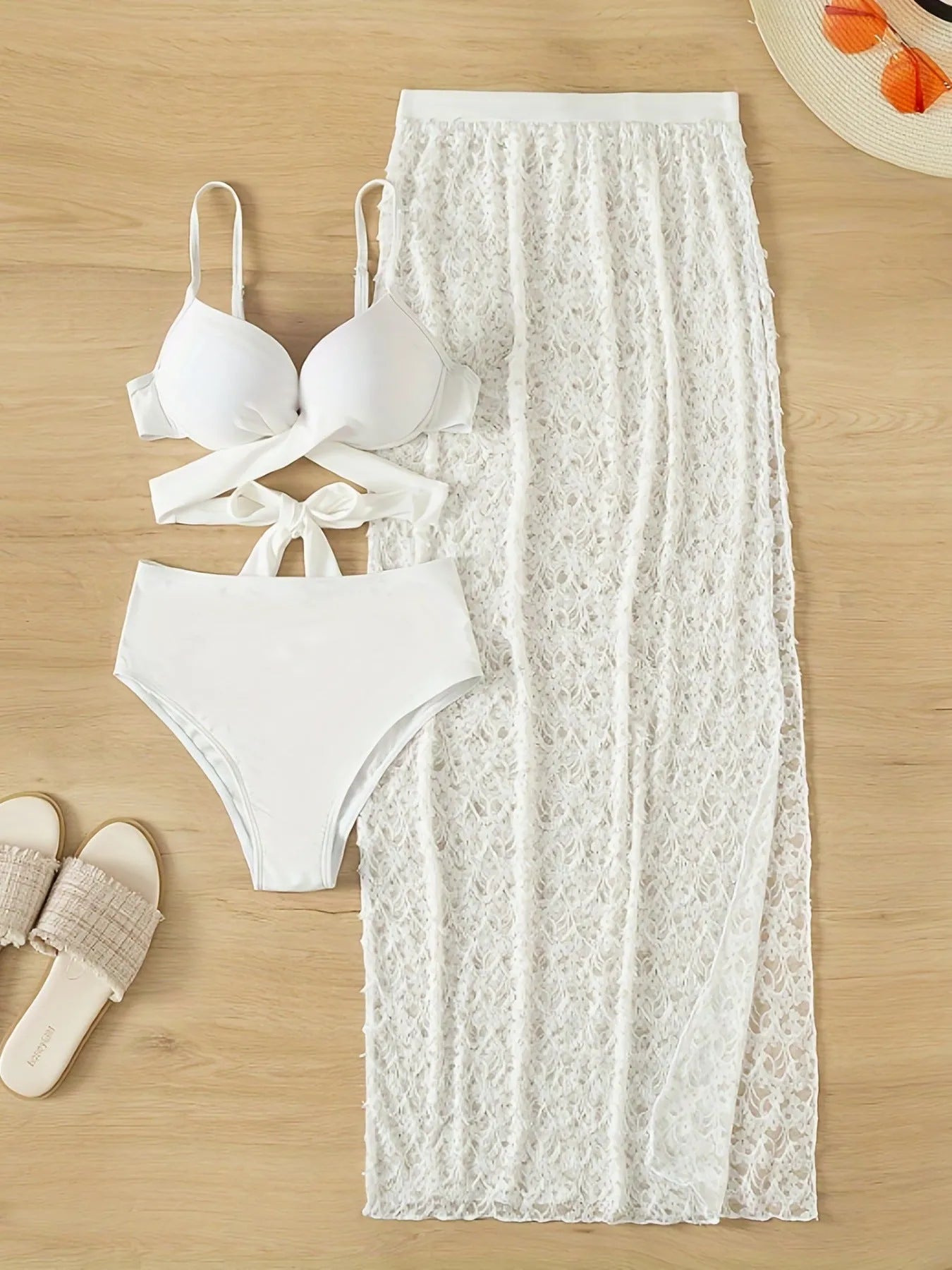 White three piece swimsuit set with gathered long skirt, top, and briefs made from nylon fabric for swimming and wading