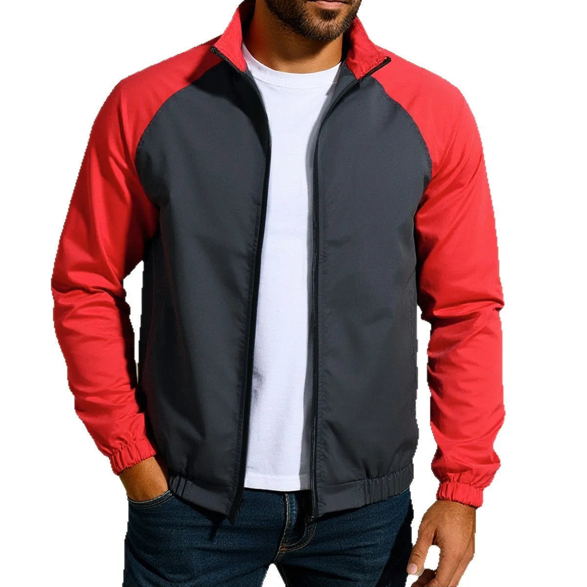 Men's casual coat with stand collar and contrast colour, loose fit raglan sleeve in polyester blend