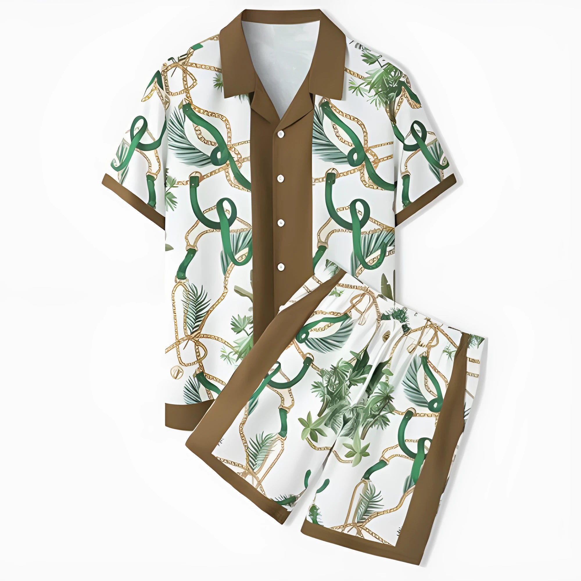 Plaid patterned beach outfit set with short sleeve shirt and matching trousers on a man