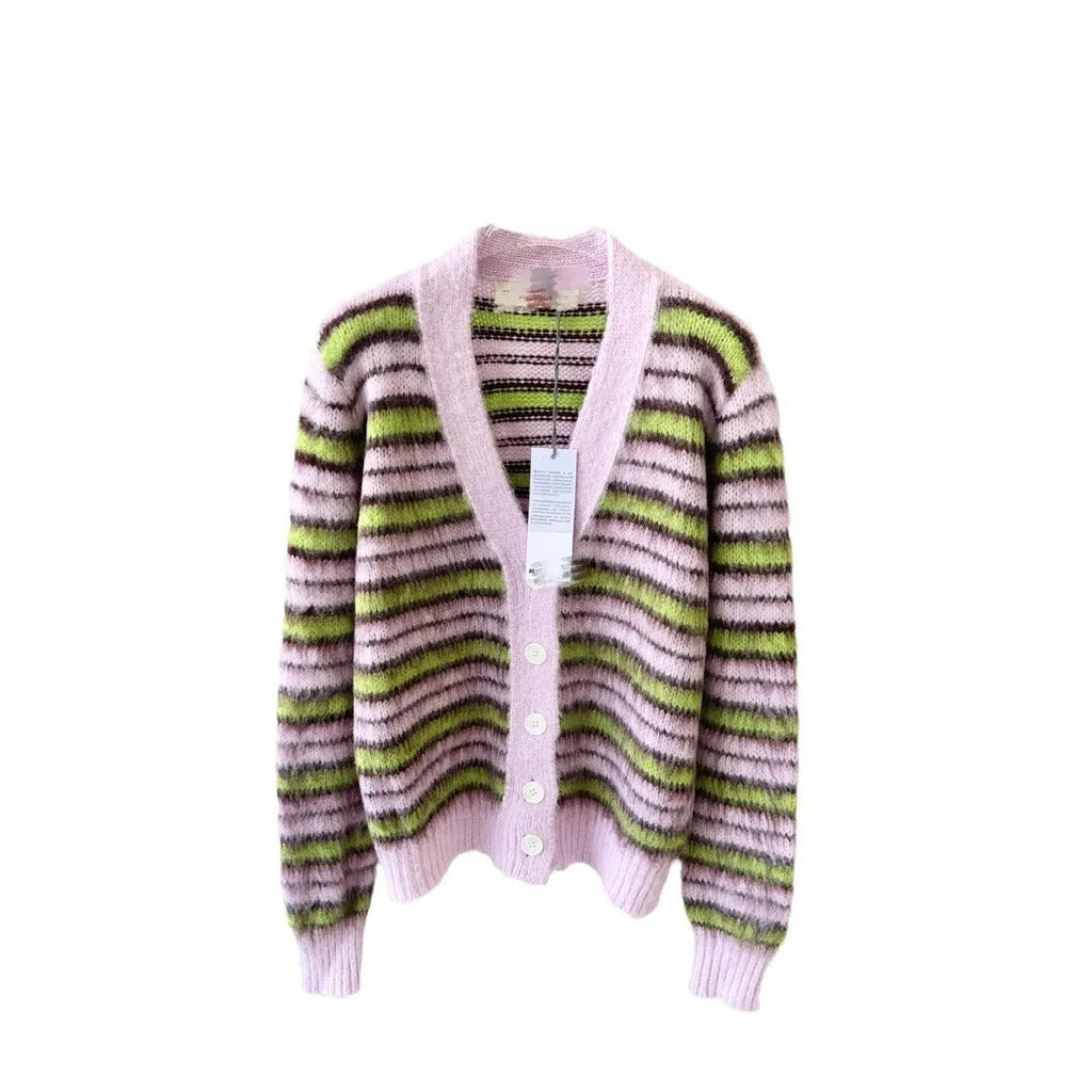 Pink wool knitted cardigan sweater with napped texture, shown as both an open cardigan and a round-neck pullover.